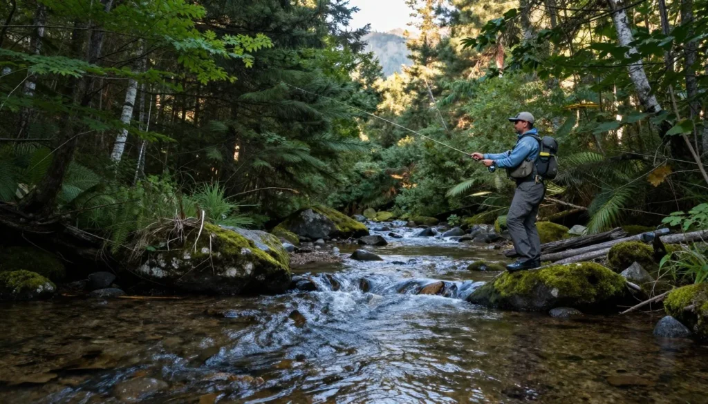 Mountain stream with fly fisherman Mountain stream with fly fisherman