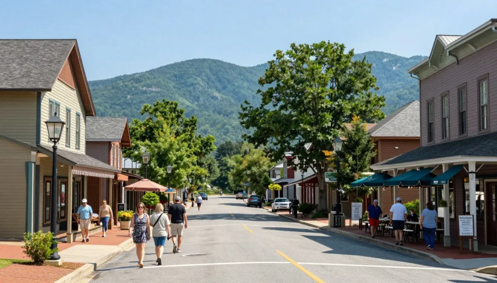 Mountain town main street with shops and restaurants in Highlands North Carolina Mountain town main street with shops and restaurants in Highlands North Carolina