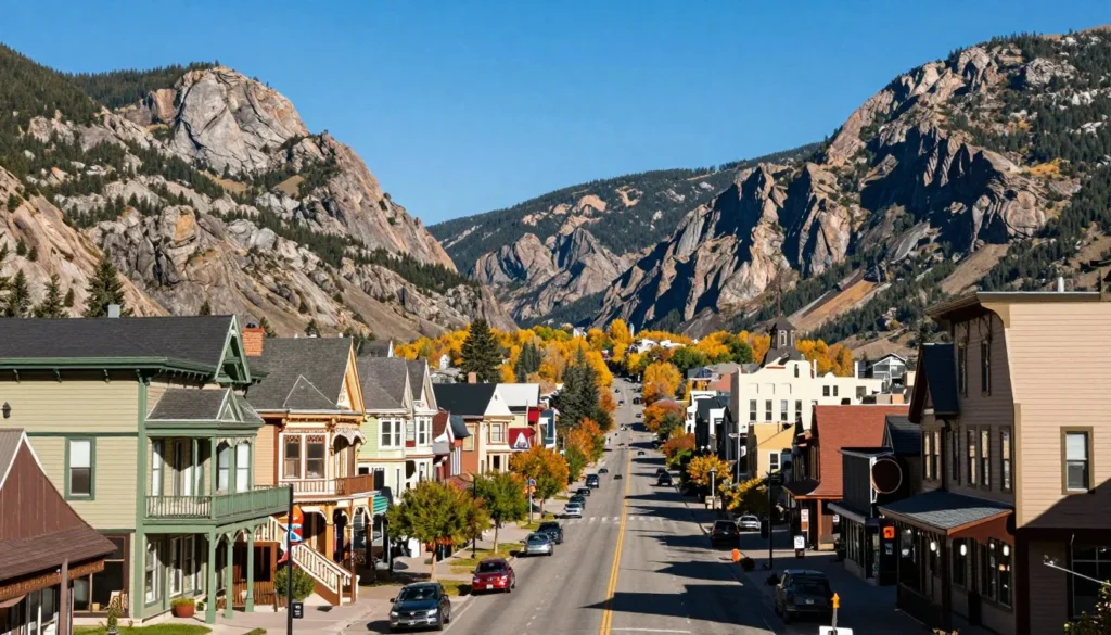 Mountain town nestled in valley with dramatic peaks surrounding Mountain town nestled in valley with dramatic peaks surrounding