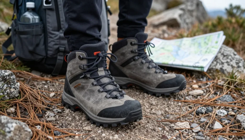 Mountain trail with proper hiking footwear and safety equipment displayed Mountain trail with proper hiking footwear and safety equipment displayed