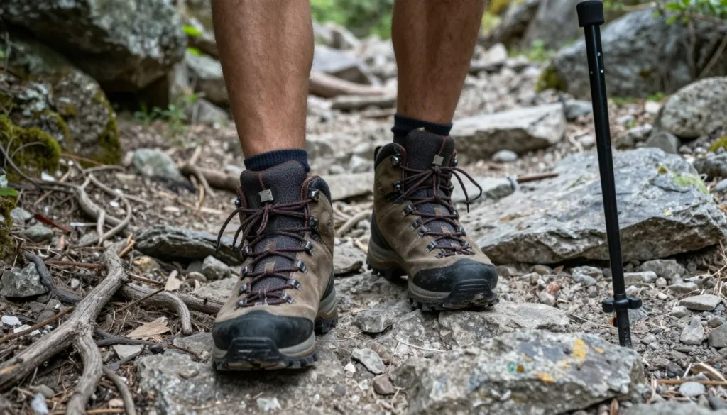 Mountain trail with proper hiking footwear and walking stick visible on rocky path Mountain trail with proper hiking footwear and walking stick visible on rocky path