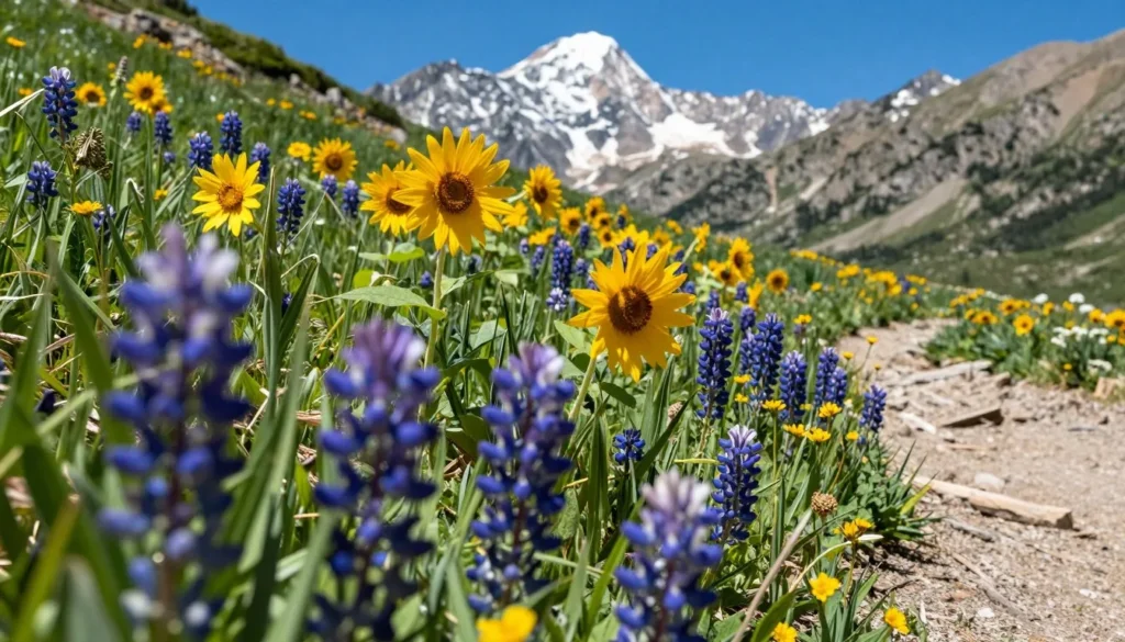 Mountain wildflowers blooming along hiking trail near Twin Lakes with mountain backdrop Mountain wildflowers blooming along hiking trail near Twin Lakes with mountain backdrop