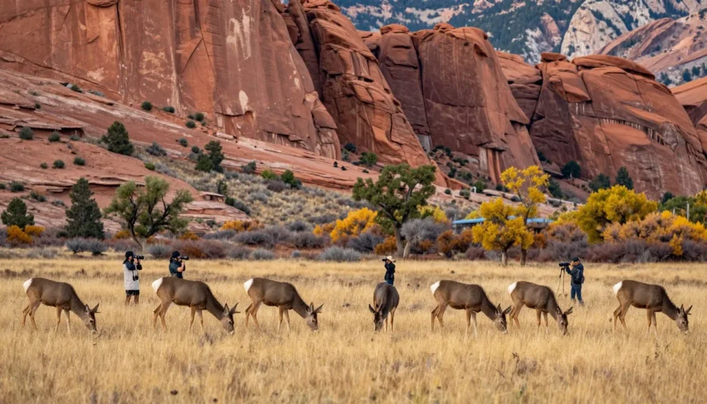 Mule deer herd grazing in meadow with red rock canyon walls behind Mule deer herd grazing in meadow with red rock canyon walls behind