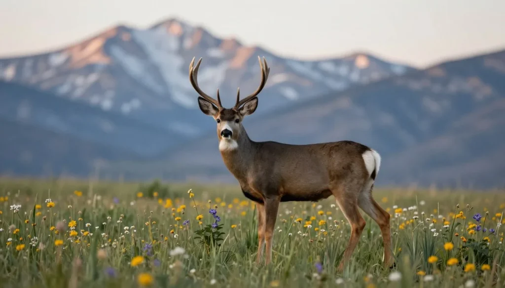Mule deer in mountain meadow at sunrise