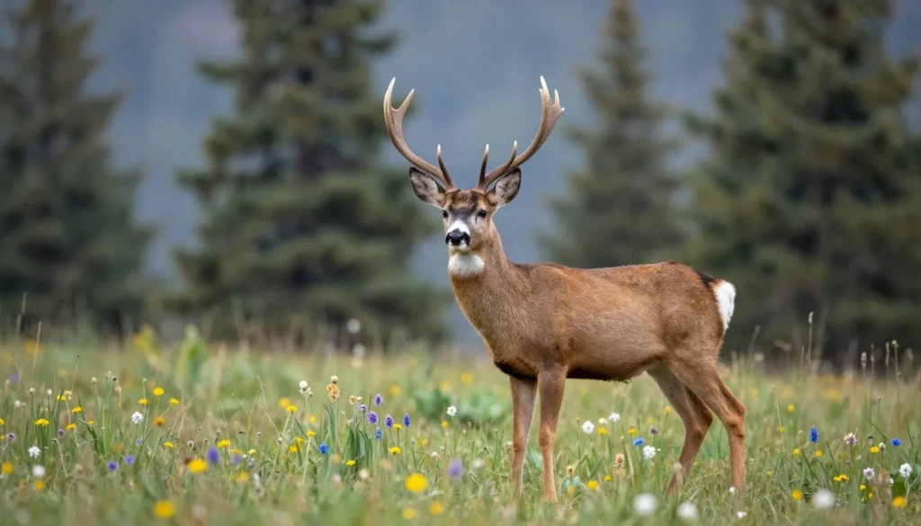 Mule deer standing in mountain meadow with wildflowers Mule deer standing in mountain meadow with wildflowers