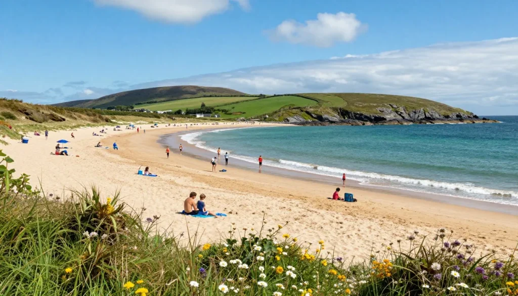 Mulranny beach on a sunny summer day with clear blue water