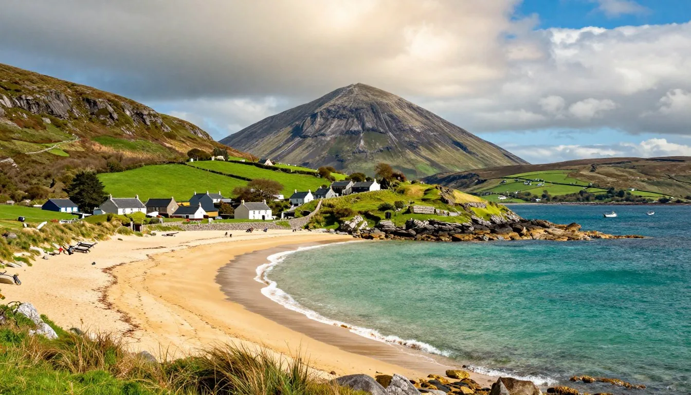 Mulranny village overlooking Clew Bay with Croagh Patrick mountain in background