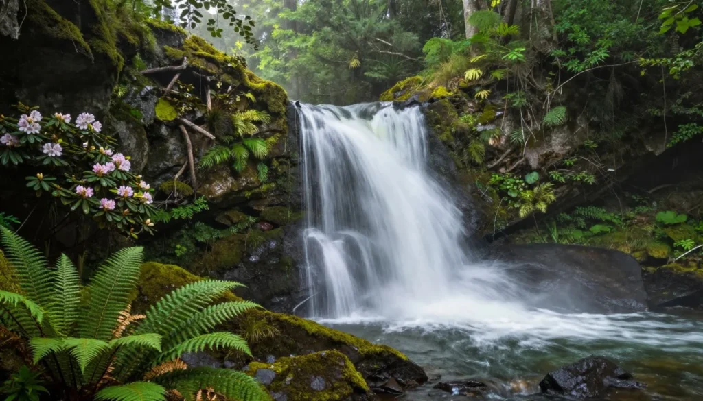 Multi-tiered waterfall cascading through Great Smoky Mountains forest Multi-tiered waterfall cascading through Great Smoky Mountains forest