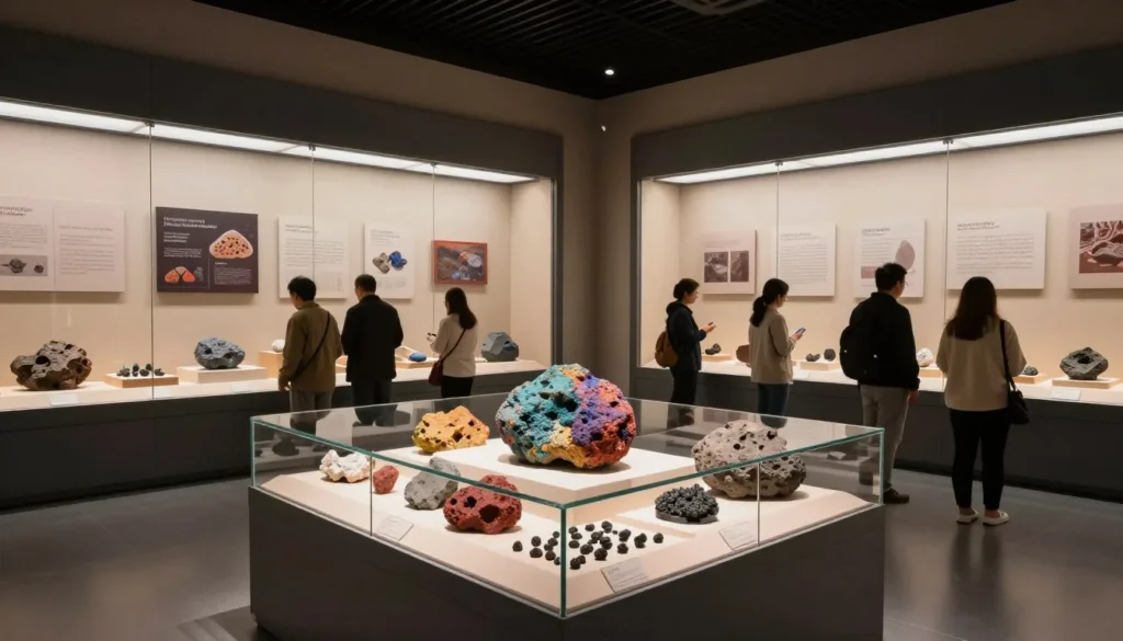 Museum display showing volcanic rock specimens and geological timeline Museum display showing volcanic rock specimens and geological timeline