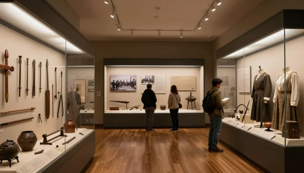 Museum exhibit showing pioneer and Civil War era artifacts with interpretive displays Museum exhibit showing pioneer and Civil War era artifacts with interpretive displays