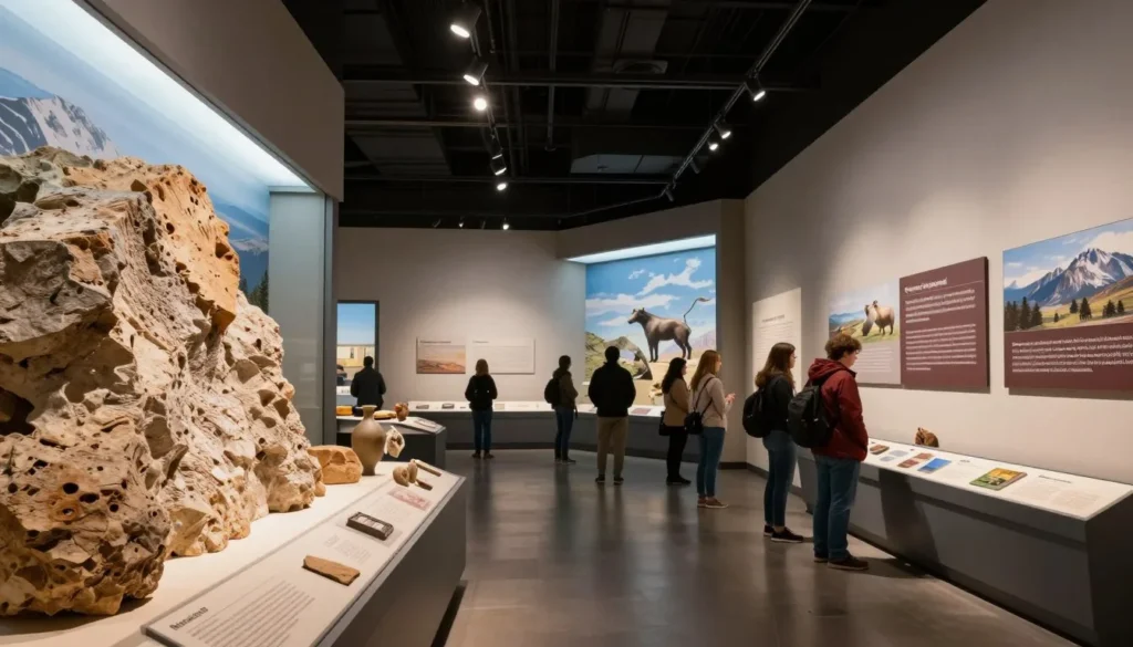 Museum interior displaying Grandfather Mountain natural history exhibits with mountain photography and geological specimens Museum interior displaying Grandfather Mountain natural history exhibits with mountain photography and geological specimens