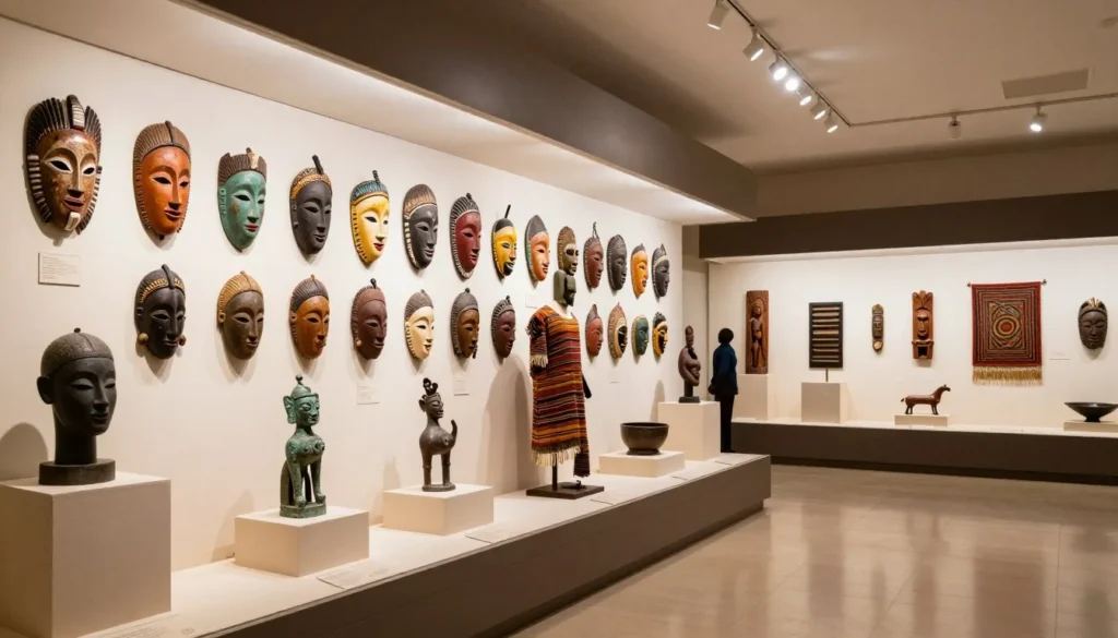 Museum interior displaying traditional Burkinabe masks, textiles, and artifacts in well-lit exhibition space Museum interior displaying traditional Burkinabe masks, textiles, and artifacts in well-lit exhibition space
