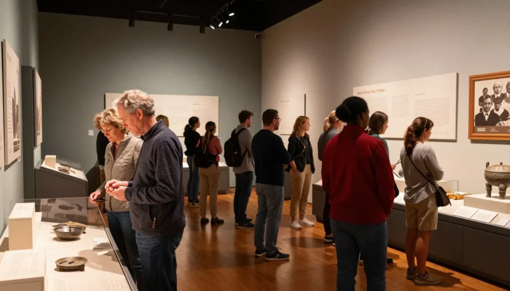 Museum interior with Tennessee history exhibits and diverse visitors Museum interior with Tennessee history exhibits and diverse visitors