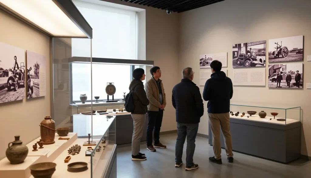 Museum interior with mining history exhibits and vintage photographs