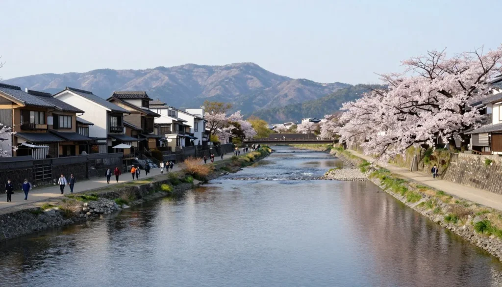 Nagara River flowing through Gifu with traditional riverside buildings and mountains