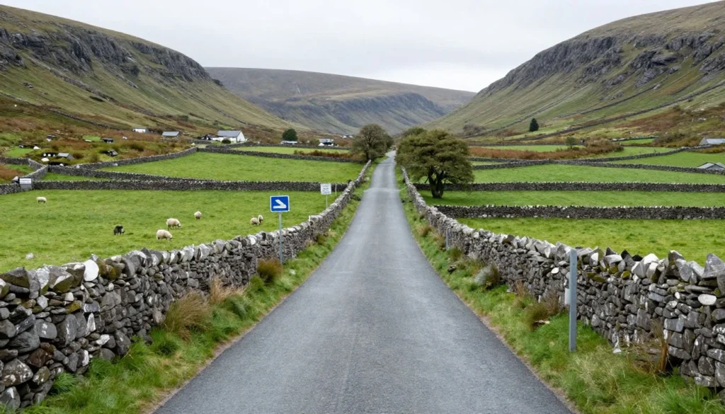 Narrow Irish road with stone walls and sheep