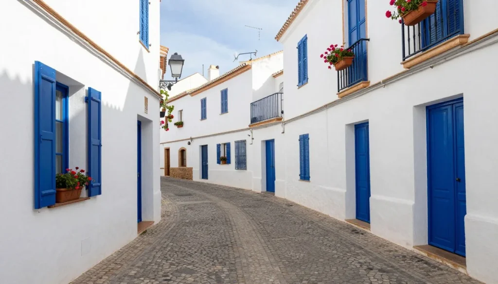 Narrow cobblestone street in Cadaques old town with white buildings