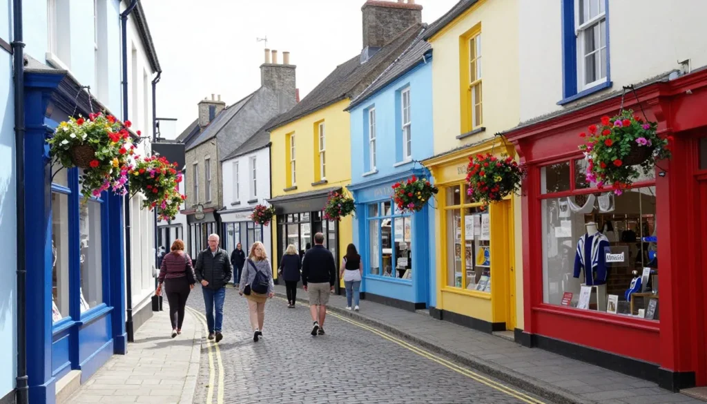 Narrow cobblestone street in Kinsale with colorful shopfronts and pedestrians