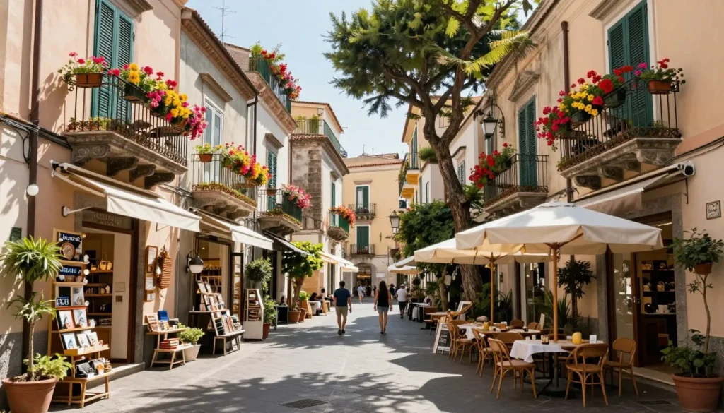 Narrow cobblestone street in Sorrento with shops and cafes