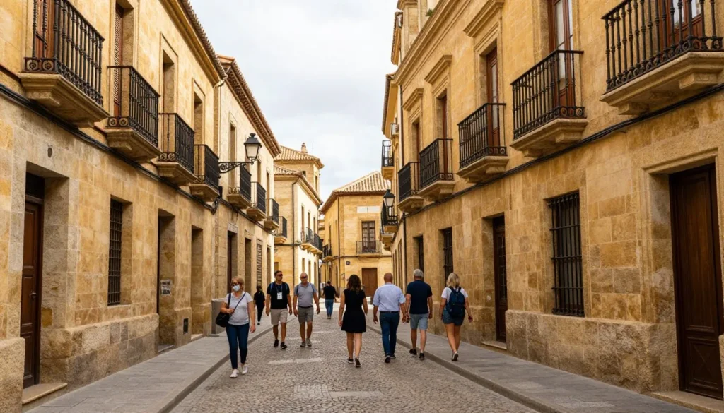 Narrow cobblestone street in historic Salamanca with pedestrians and traditional architecture