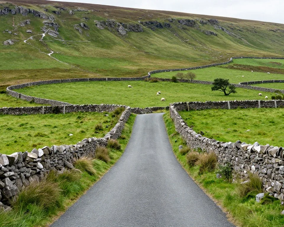 Narrow country road winding through green Irish countryside near Tralee Narrow country road winding through green Irish countryside near Tralee