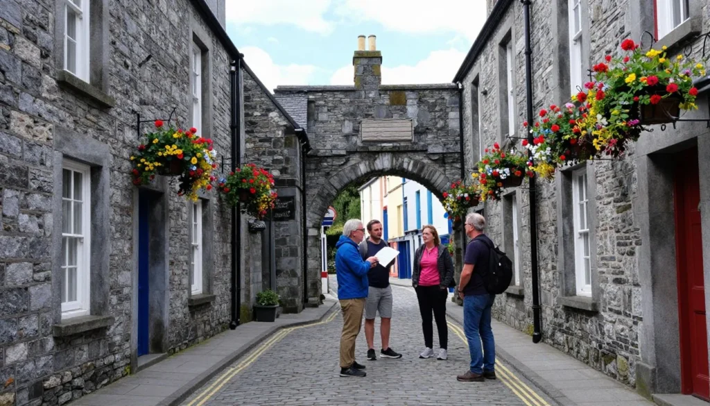 Narrow medieval street in Kinsale with historic buildings and archway