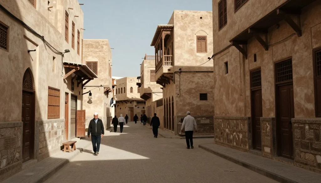 Narrow traditional street in historic Zabid with pedestrians walking Narrow traditional street in historic Zabid with pedestrians walking
