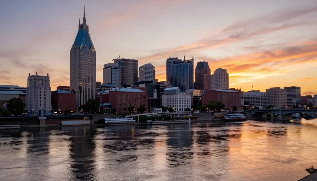 Nashville skyline with Cumberland River in foreground at sunset Nashville skyline with Cumberland River in foreground at sunset