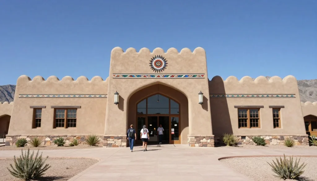 Native American cultural center exterior with traditional design elements