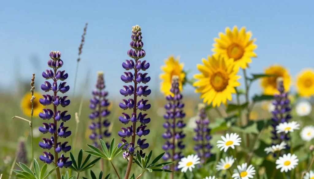 Native Colorado wildflowers blooming in grassland with purple and yellow blossoms under blue sky Native Colorado wildflowers blooming in grassland with purple and yellow blossoms under blue sky