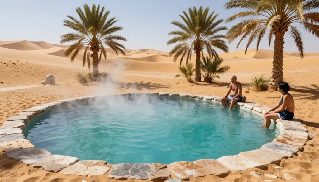Natural hot spring pool in Siwa Oasis desert with clear water and palm trees Natural hot spring pool in Siwa Oasis desert with clear water and palm trees