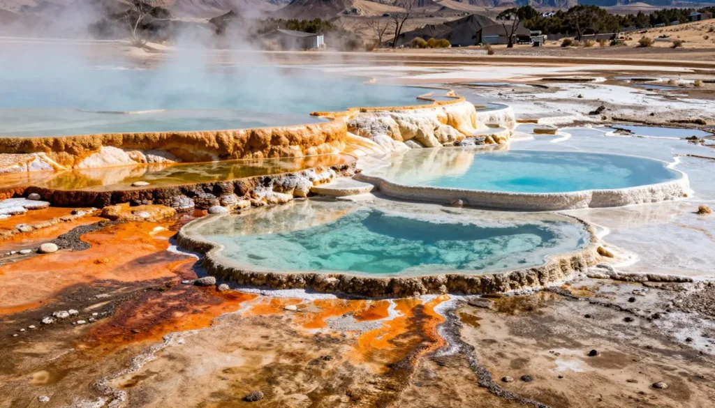 Natural mineral hot springs pools built into colorful orange travertine terraces