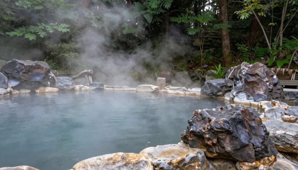 Natural outdoor hot spring pool surrounded by rocks and forest in Oita