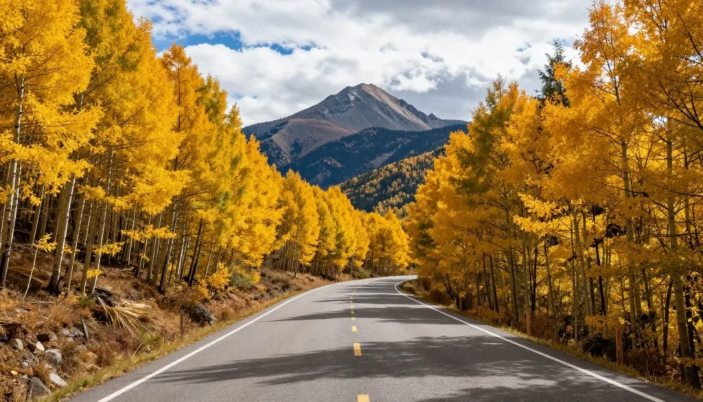 Nebo Loop Road winding through autumn aspens with Mount Nebo peak visible