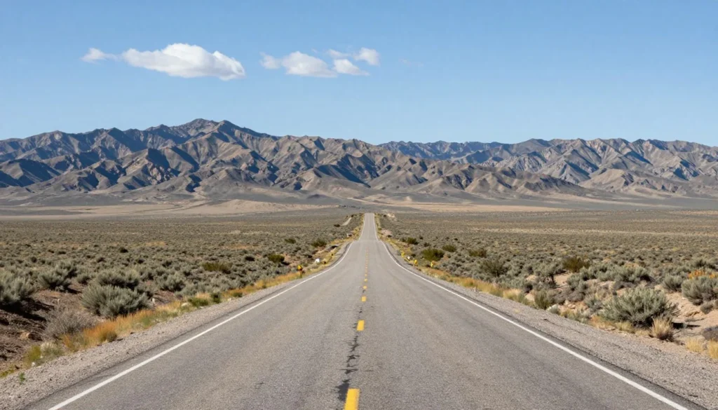 Nevada desert highway through Great Basin with distant mountains