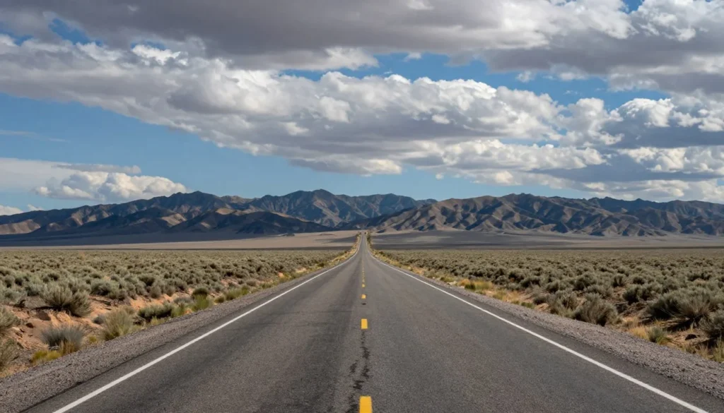 Nevada desert road leading toward distant mountain range