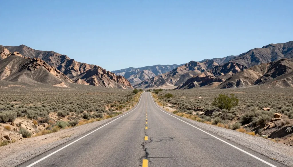 Nevada highway stretching through desert landscape with mountain ranges