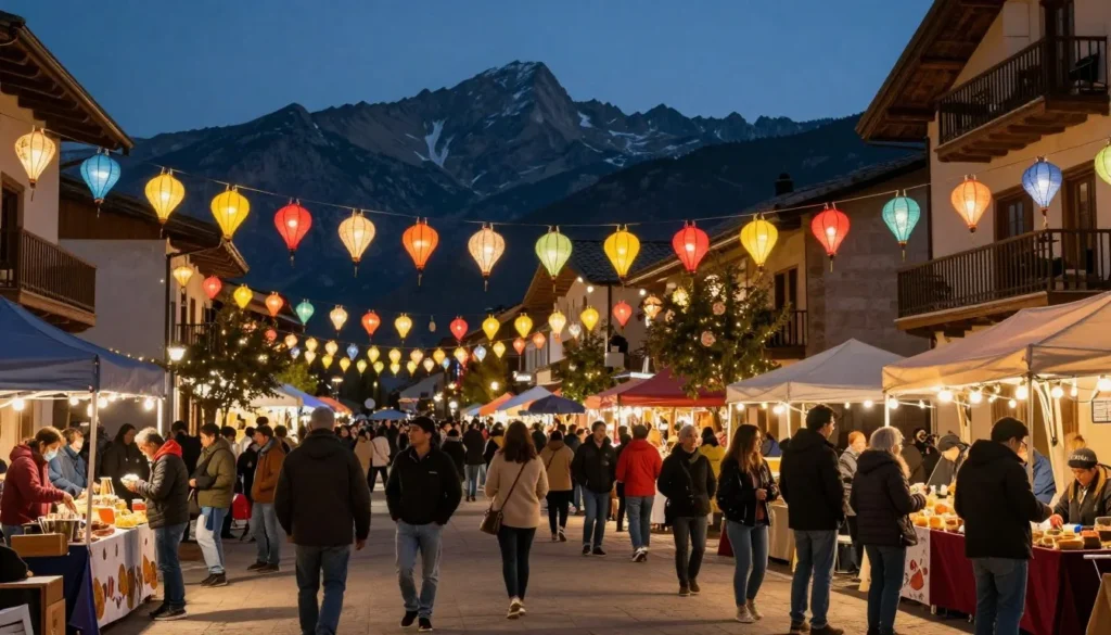 Night scene of festival with lanterns and diverse crowd celebrating in Sierra Nevada mountain town Night scene of festival with lanterns and diverse crowd celebrating in Sierra Nevada mountain town