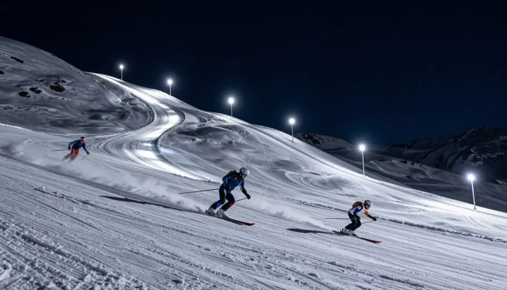 Night skiing scene at Nordic Valley with illuminated slopes and skiers under lights