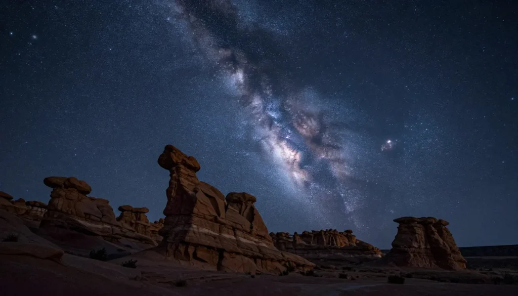 Night sky full of stars over silhouetted hoodoo formations Night sky full of stars over silhouetted hoodoo formations