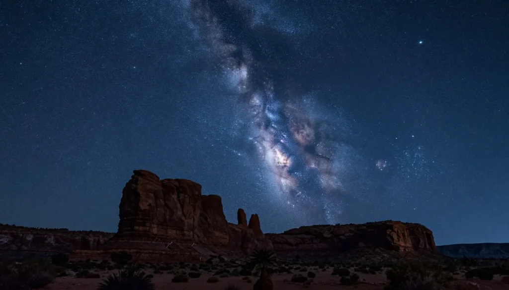 Night sky over Mexican Hat desert landscape with stars