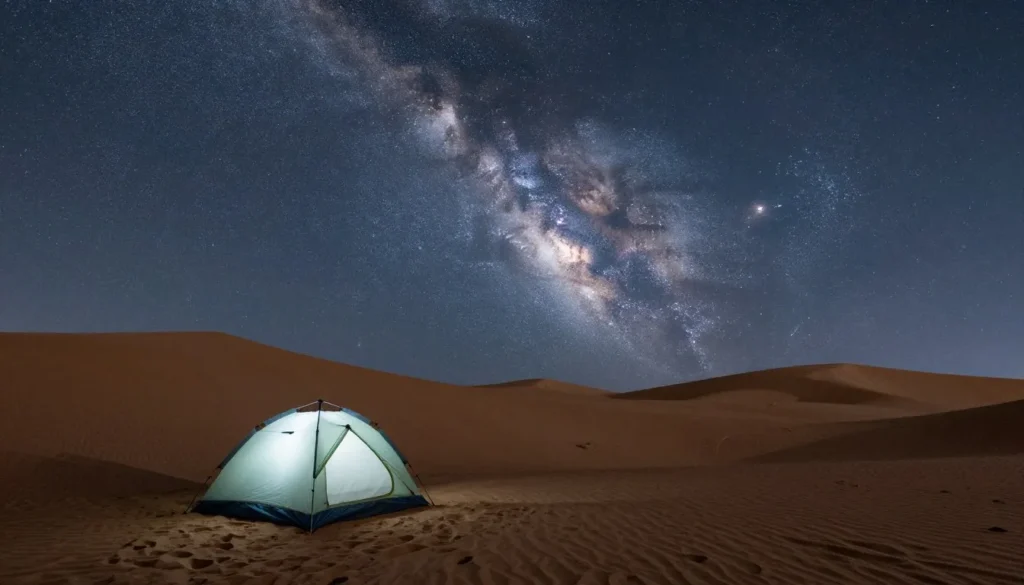 Night sky stars above sand dunes camping area Night sky stars above sand dunes camping area