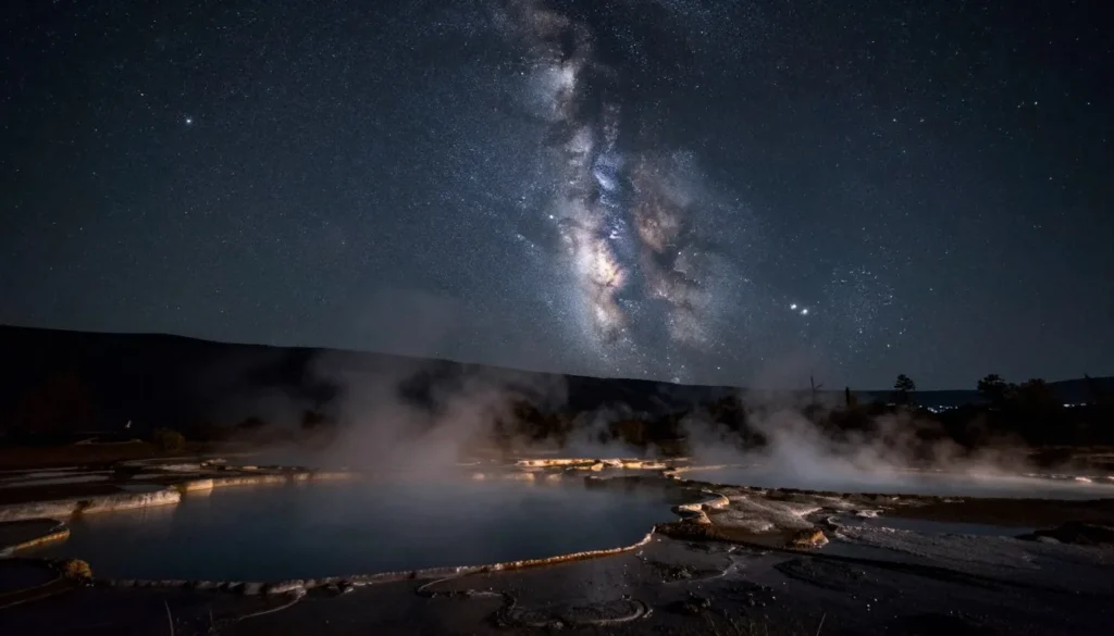 Night sky with stars over hot springs pools Night sky with stars over hot springs pools