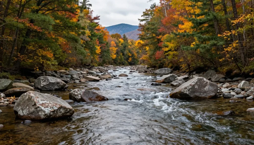 Nolichucky River flowing through David Crockett Birthplace State Park Tennessee with tree-lined banks Nolichucky River flowing through David Crockett Birthplace State Park Tennessee with tree-lined banks