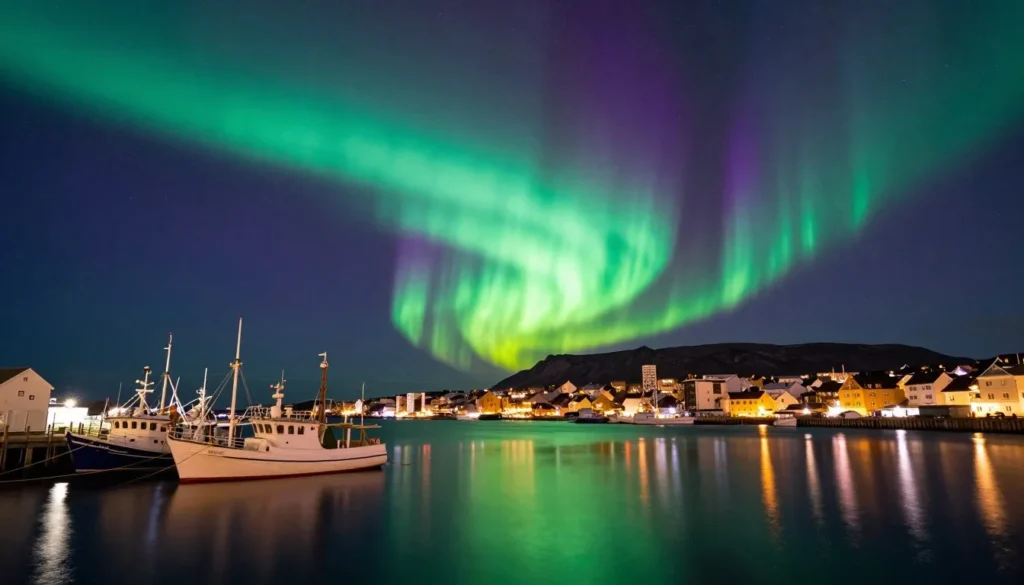 Northern lights dancing over Reykjavik harbor with boats and city lights