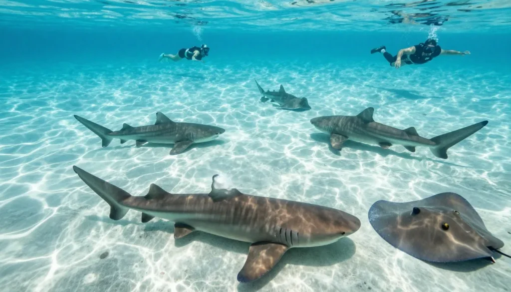 Nurse sharks and stingrays swimming around snorkelers in shallow Caribbean waters