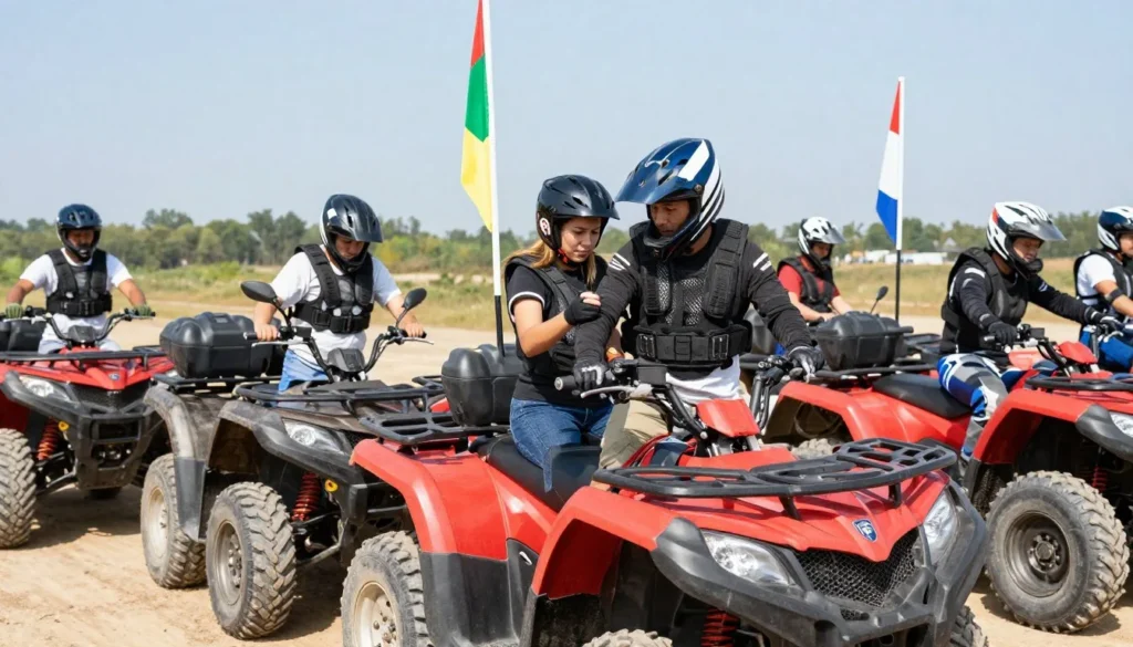 Off-road riders wearing proper safety equipment helmets Off-road riders wearing proper safety equipment helmets