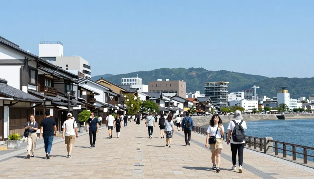 Oita City waterfront with traditional buildings and mountain backdrop on clear day
