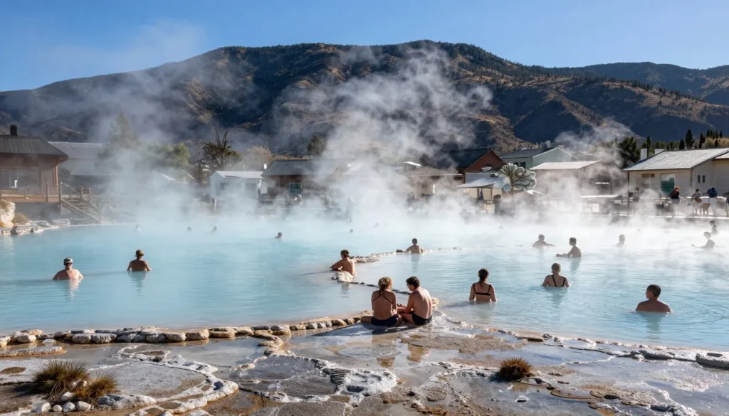 Old Town Hot Springs Colorado natural mineral pools with steam Old Town Hot Springs Colorado natural mineral pools with steam
