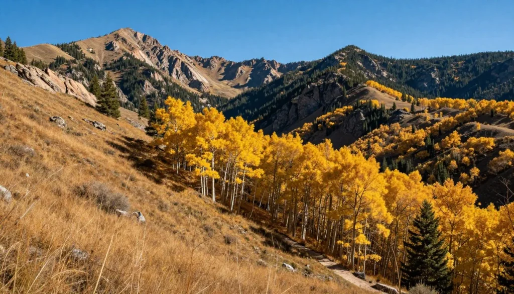 Oquirrh Mountains in autumn with golden aspens and mountain peaks